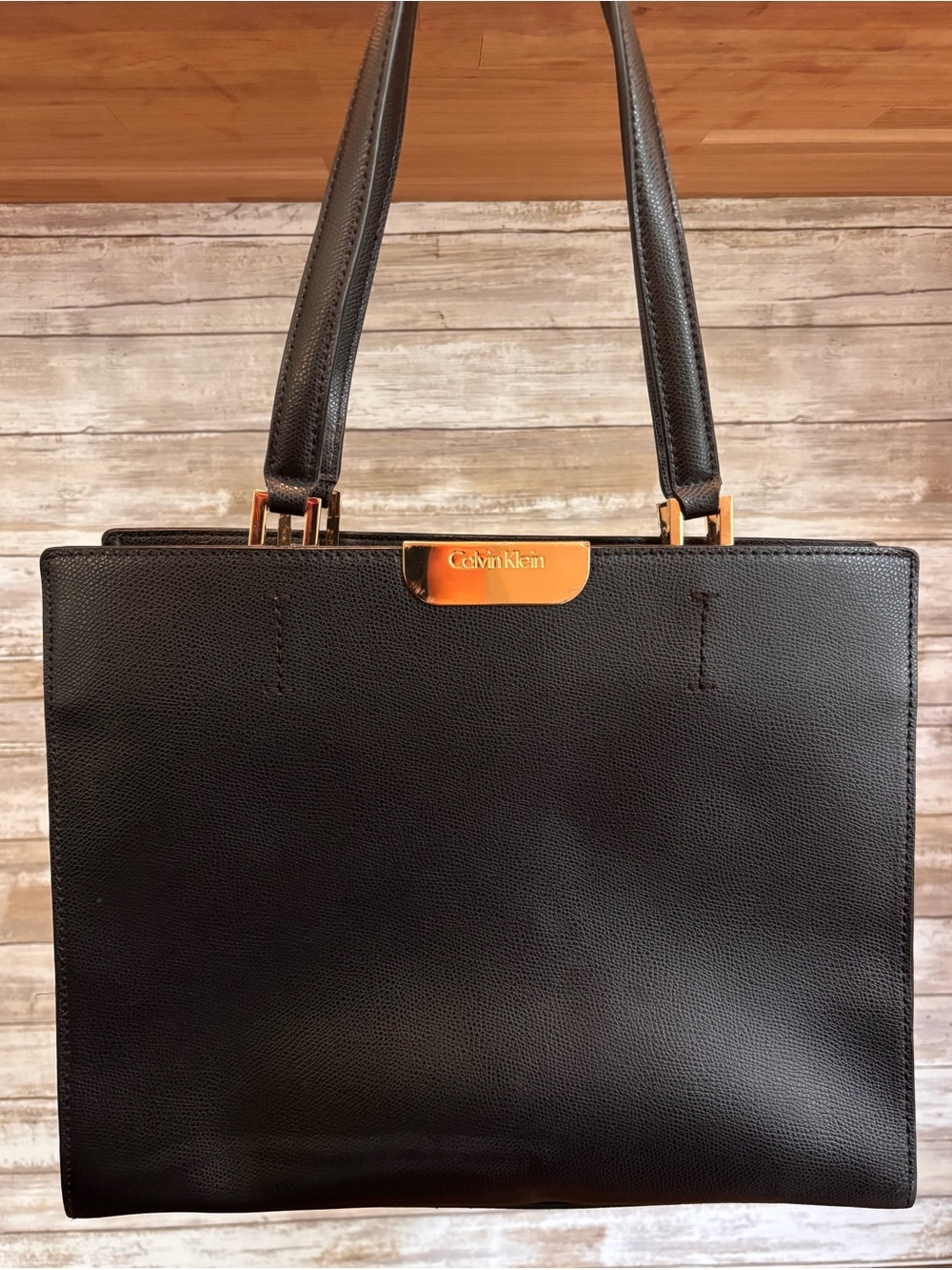 Calvin Klein Black Saffiano Leather Structured Satchel Tote Bag
